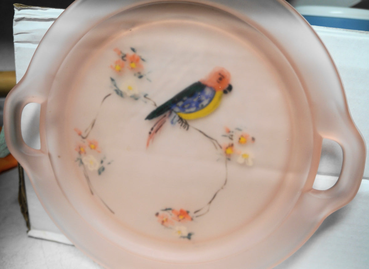 Tiffin Parrot Jungle Assortment Pink Satin Glass Double Handle Cake Plate