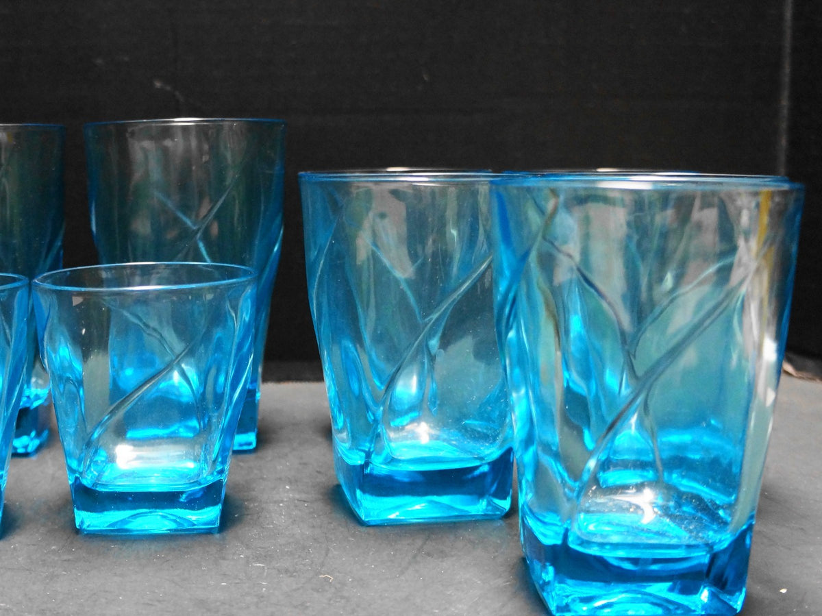 Hazel Atlas Capri Colonial Blue Swirl Square Base 9 Tumblers Various Sizes