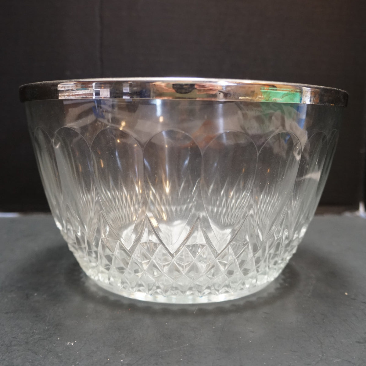 Reims Clear Glass Pressed Diamonds Silver Rim Serving Bowl 9 IN