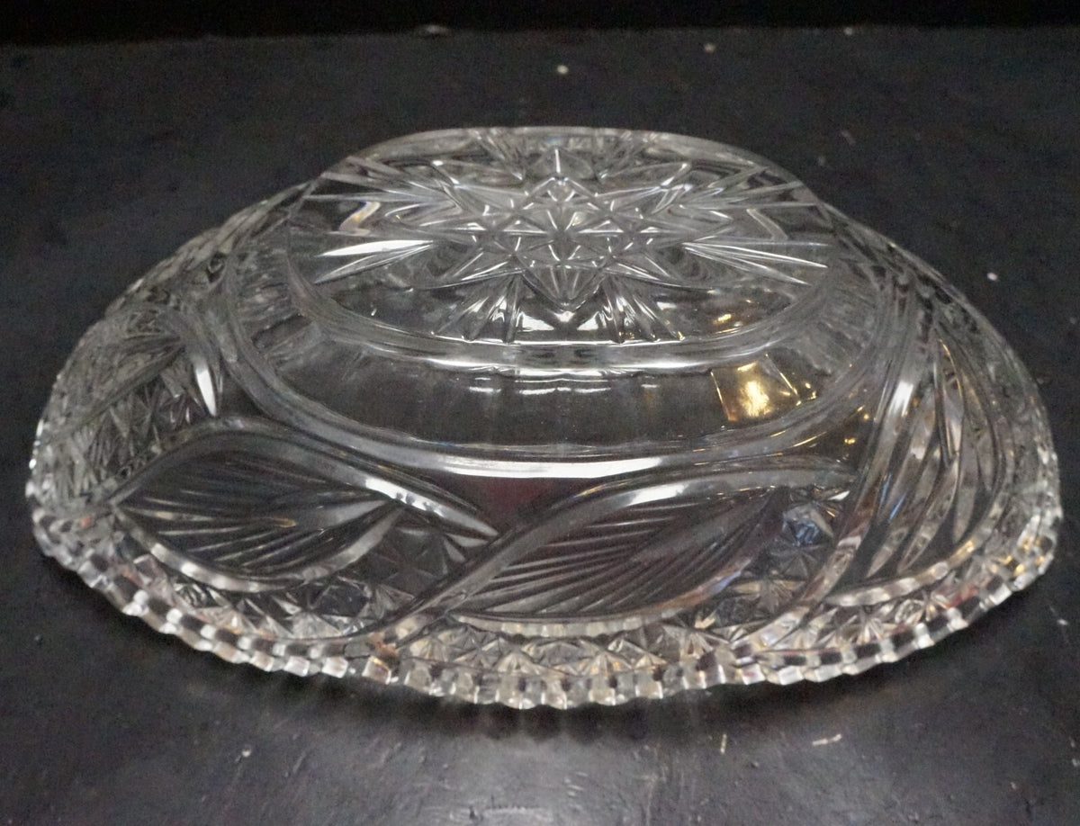 Cut Crystal Oval Gondola Relish Bowl Stars Curves Leaves