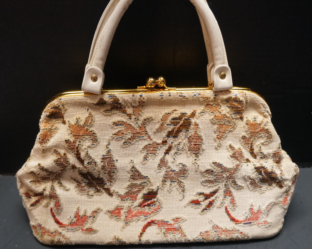 Cream Floral Cut Chenille Carpet Bag Purse 1960s