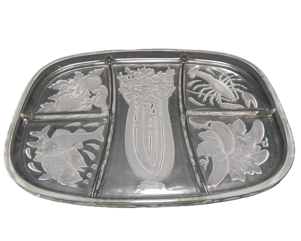 Frosted Cut Intaglio Celery Lobster Fish Pickles Divided Relish Tray 15 x 11