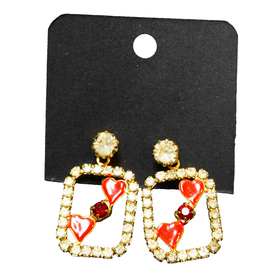 Clear Rhinestone Red Enamel 2 of Hearts Card Earrings