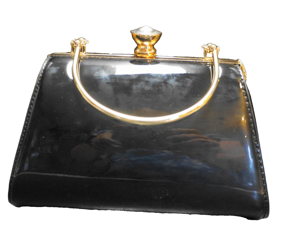 La Terre Fashion Black Patent Vegan Leather Clear Rhinestones Purse Box Style