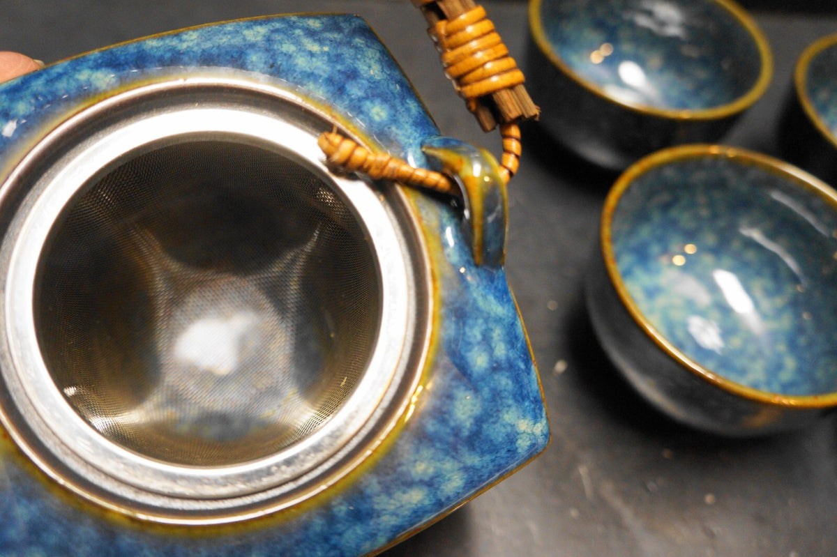 Dark Blue Mottled Glaze Teapot 4 Cups Set Made in Japan