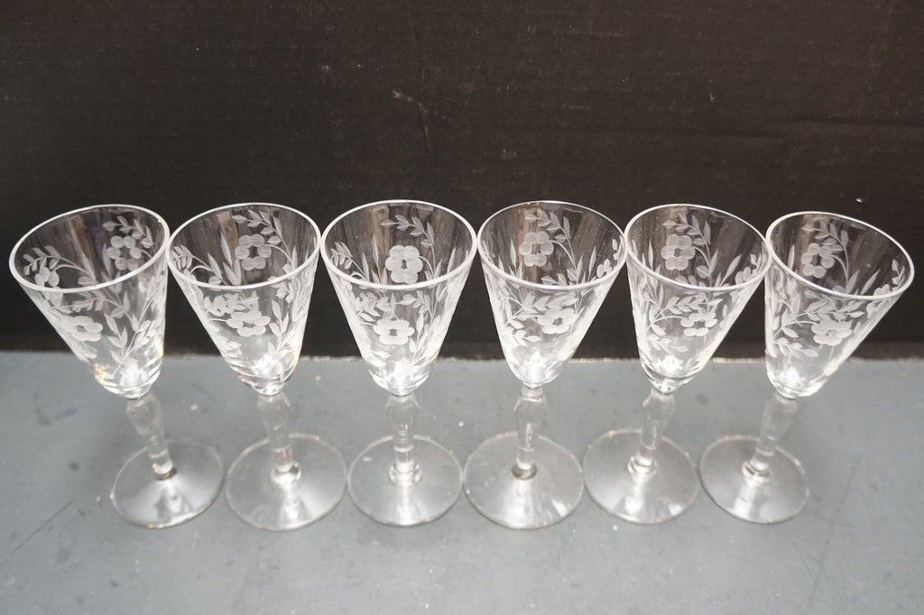 Wheel Cut Floral Cordial 5 IN Wine Glasses Bulbous Stems Set of 6