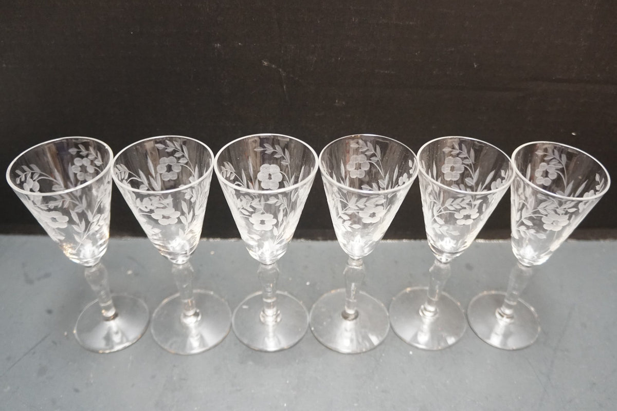 Wheel Cut Floral Cordial 5 IN Wine Glasses Bulbous Stems Set of 6