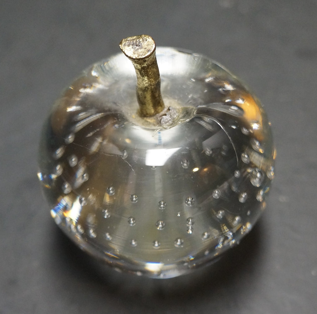 Apple Clear Glass Controlled Bubble Paperweight Brass Stem