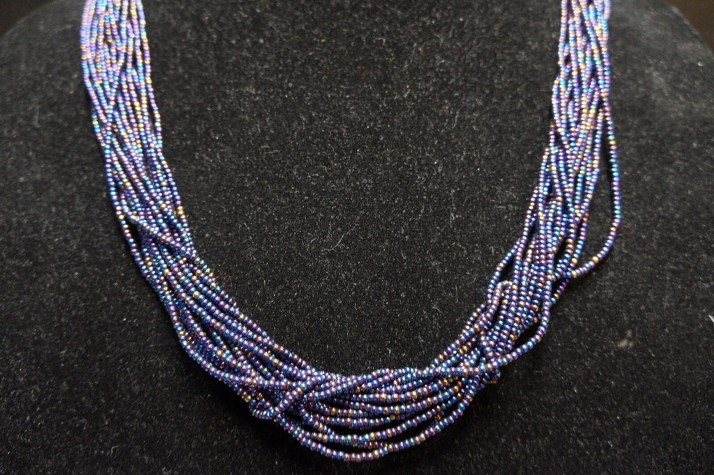 Peacock Midnight Blue Iridescent Seed Beads Multristrand Necklace India Pakistan