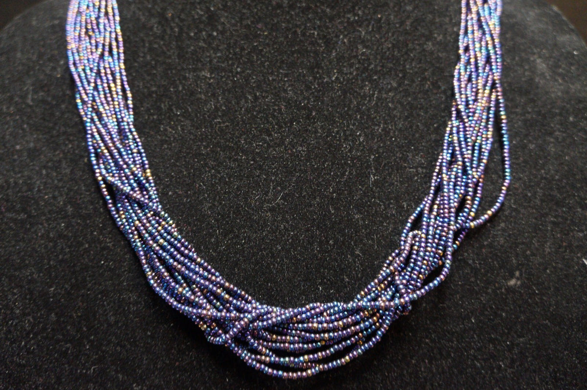 Peacock Midnight Blue Iridescent Seed Beads Multristrand Necklace India Pakistan