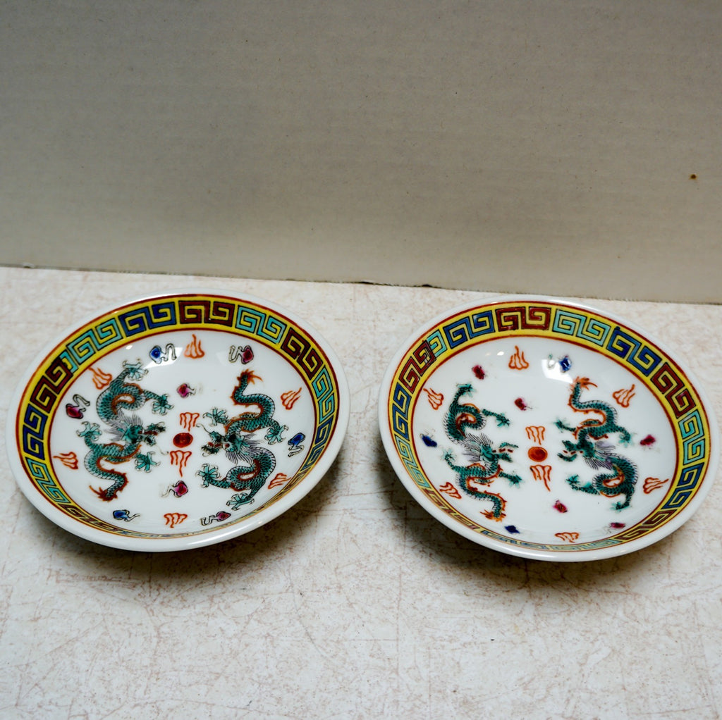Jingdezhen China Porcelain Polychrome Dragon Soy Sauce Dip Tiny Bowls Pair