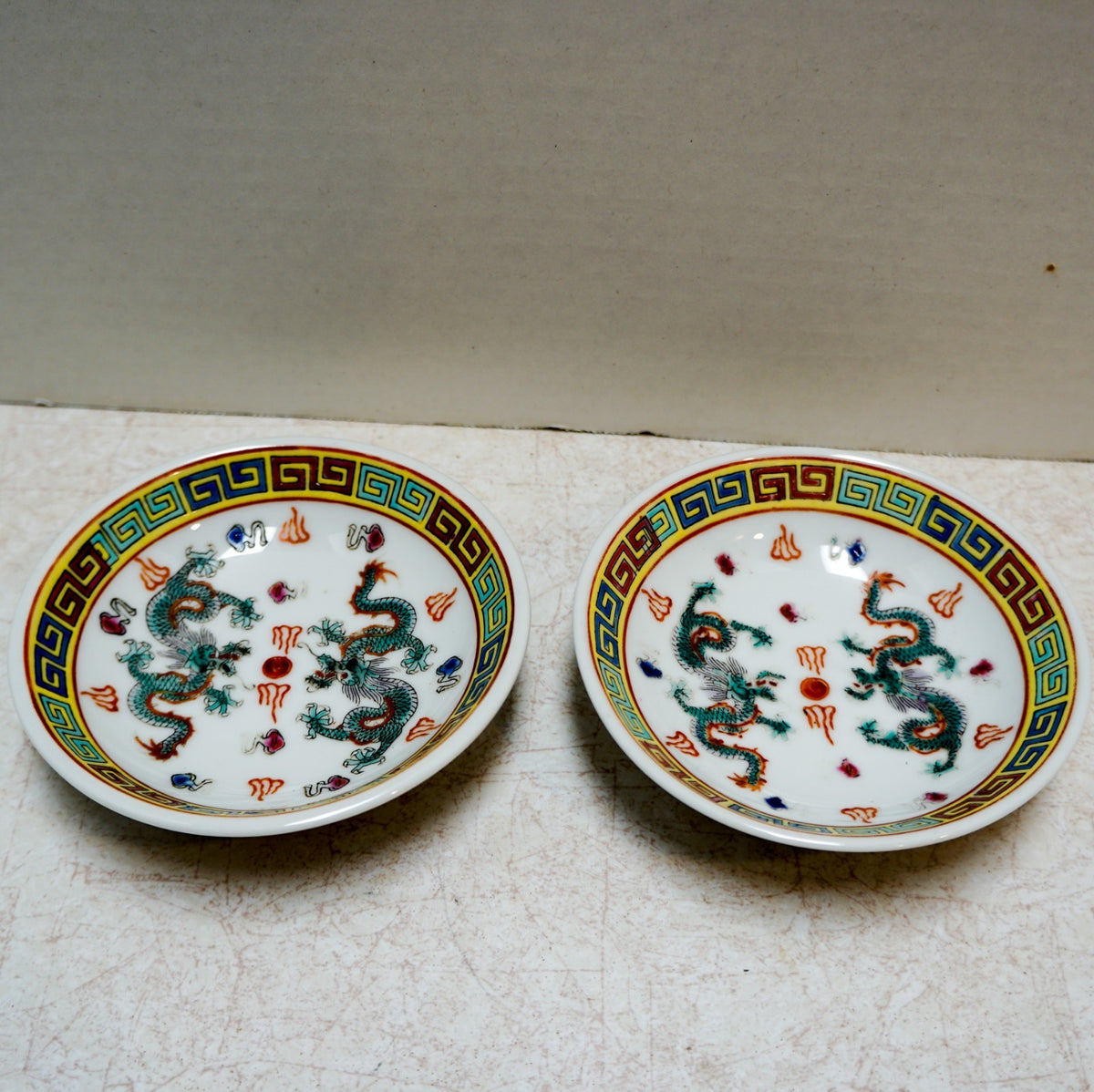 Jingdezhen China Porcelain Polychrome Dragon Soy Sauce Dip Tiny Bowls Pair