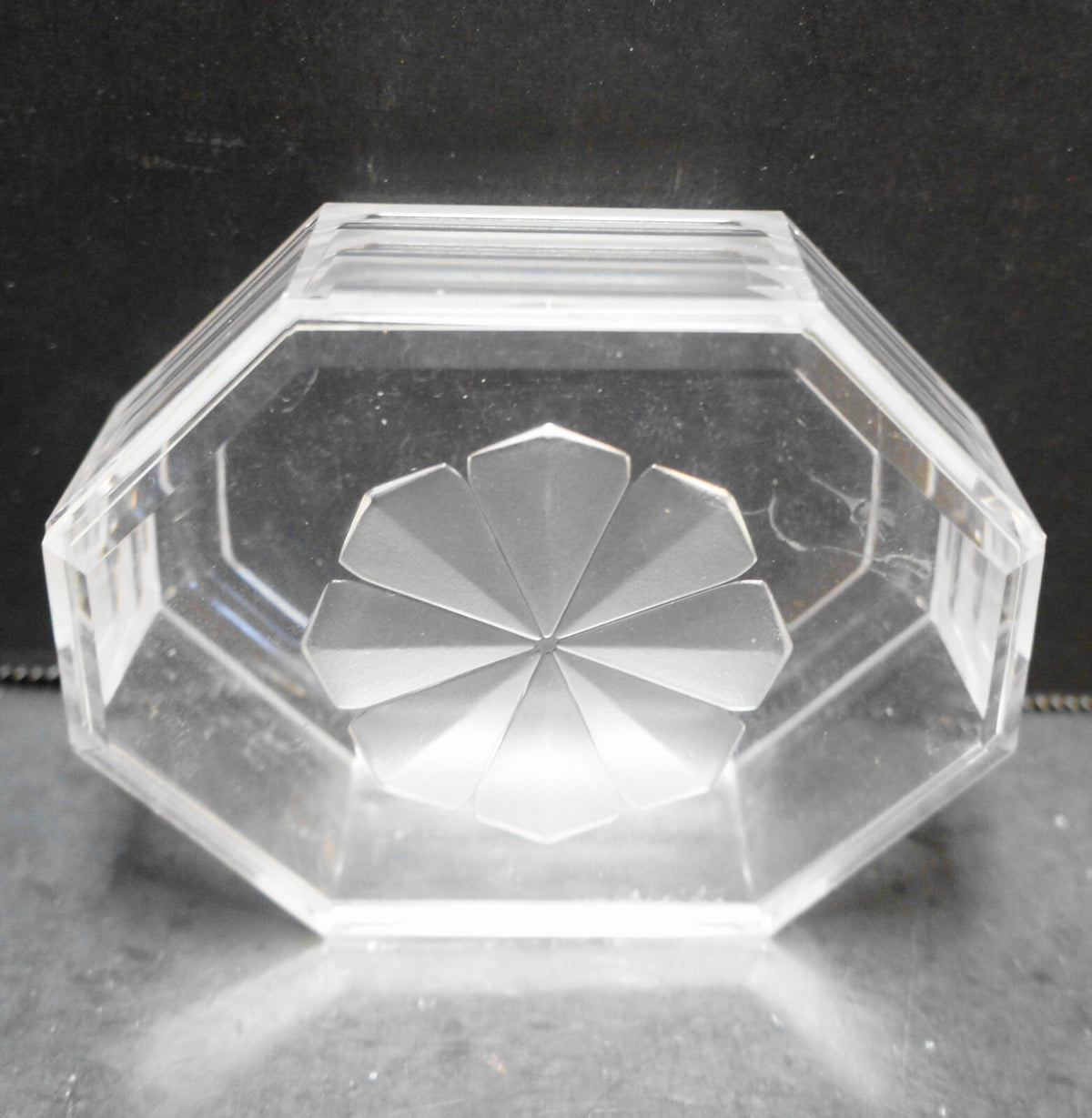 Clear Lucite Acrylic Trinket Box Octagon Flower Lid