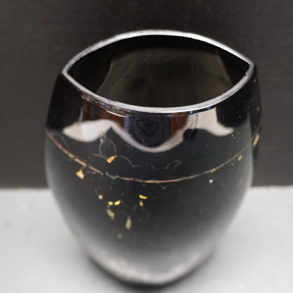 Paden City Black Ebony Glass Pillow Vase Faded Gold Decoration