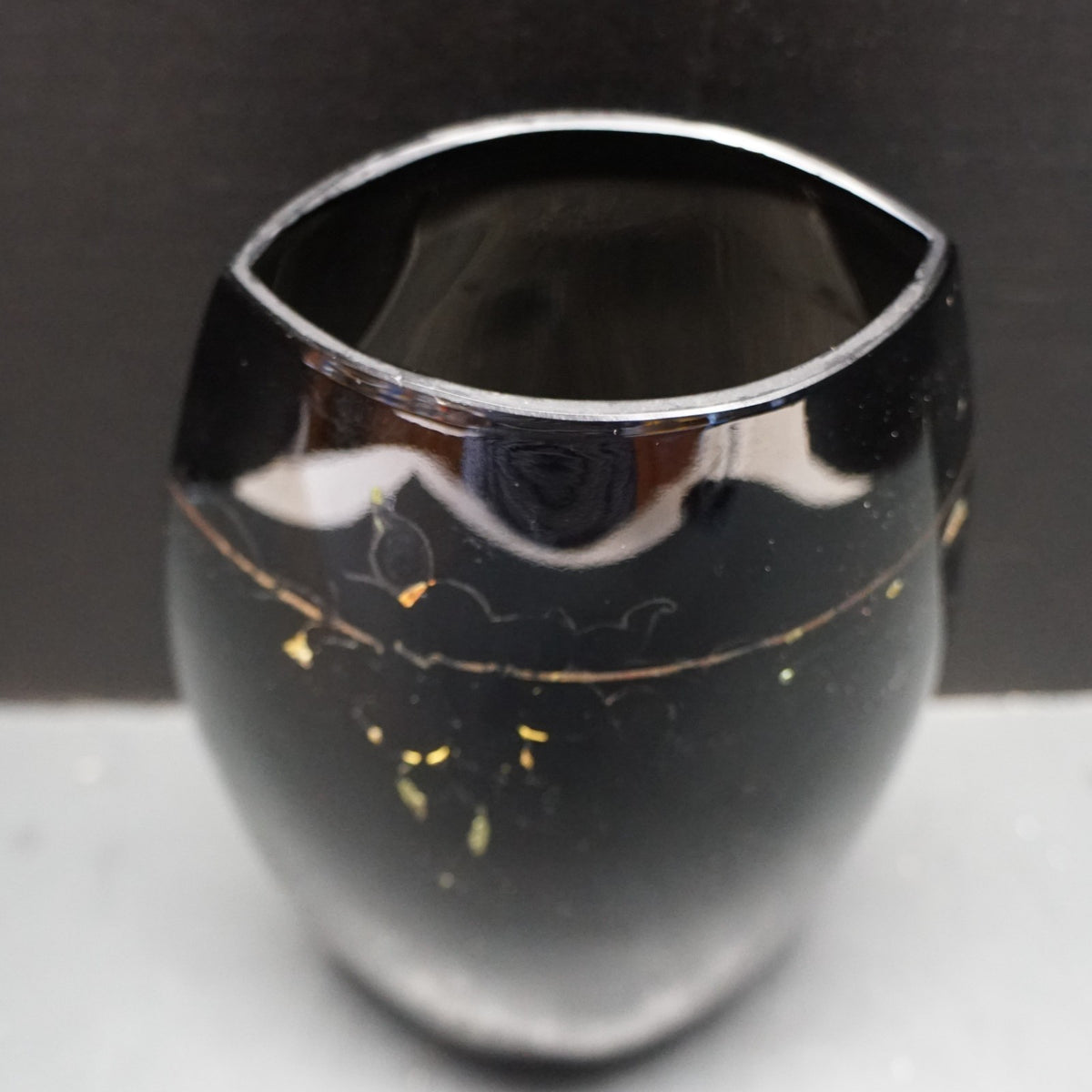Paden City Black Ebony Glass Pillow Vase Faded Gold Decoration