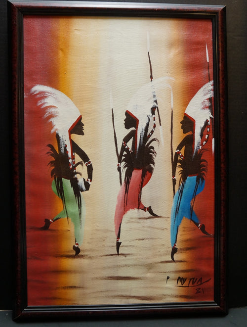 African or Haitian Original Oil Painting Signed P Mutua 81 Warriors Dancing 18 x
