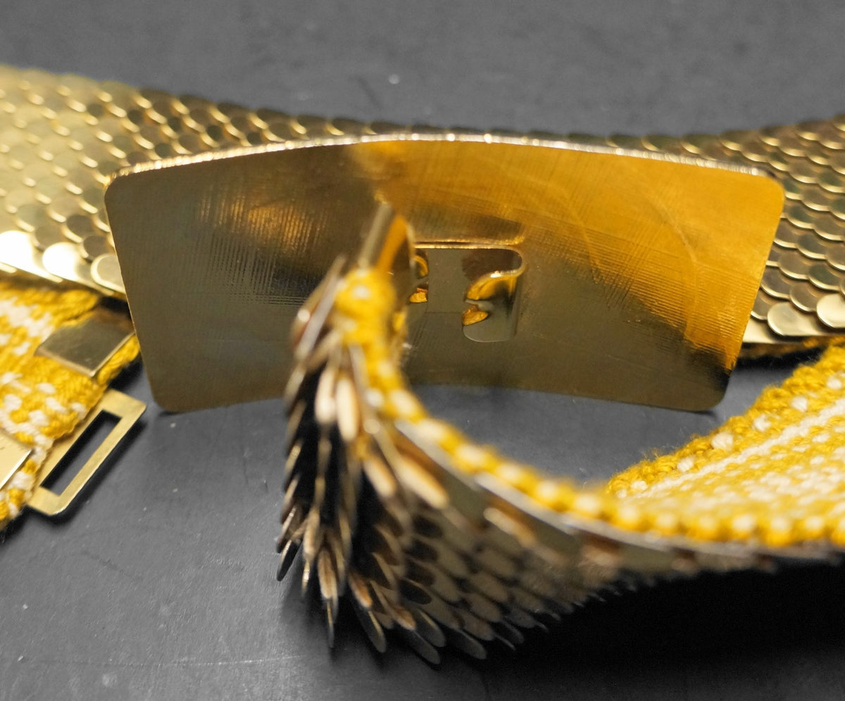 Cloisonne Buckle Butterfly Lotus Gold Tone Scale Stretch Belt 1980s Women 26 IN