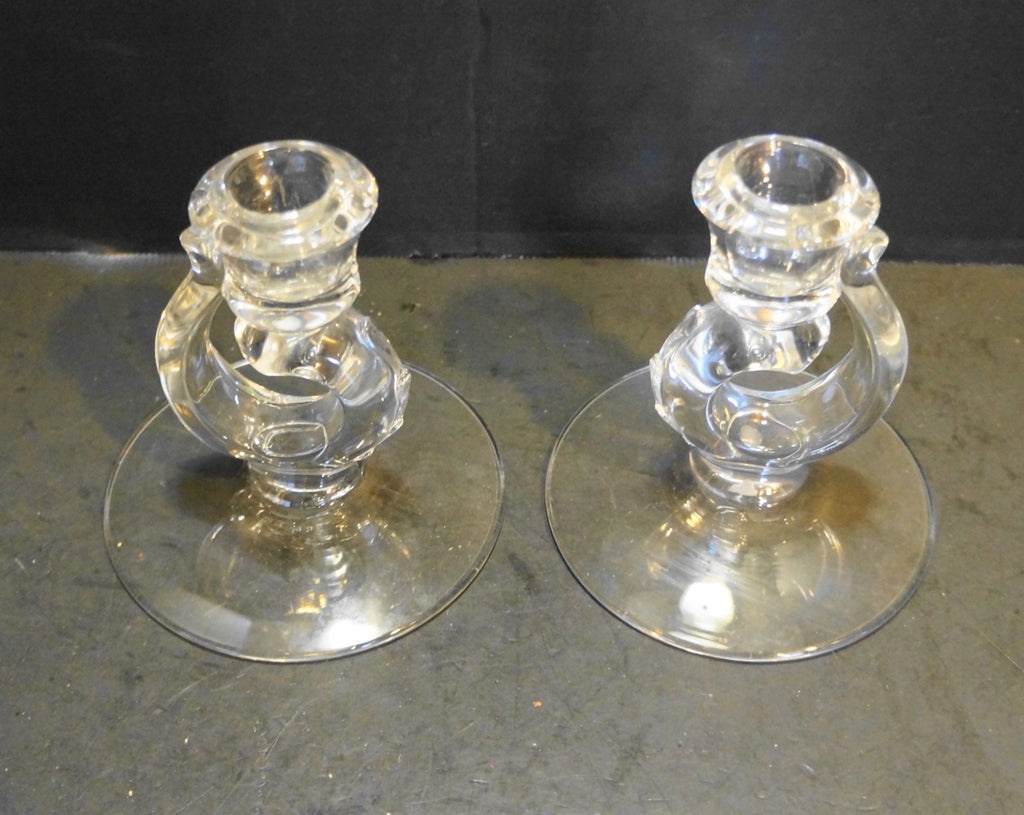 Fostoria Century Candle Holder Pair Single Light Tapers Swirl Clear Glass