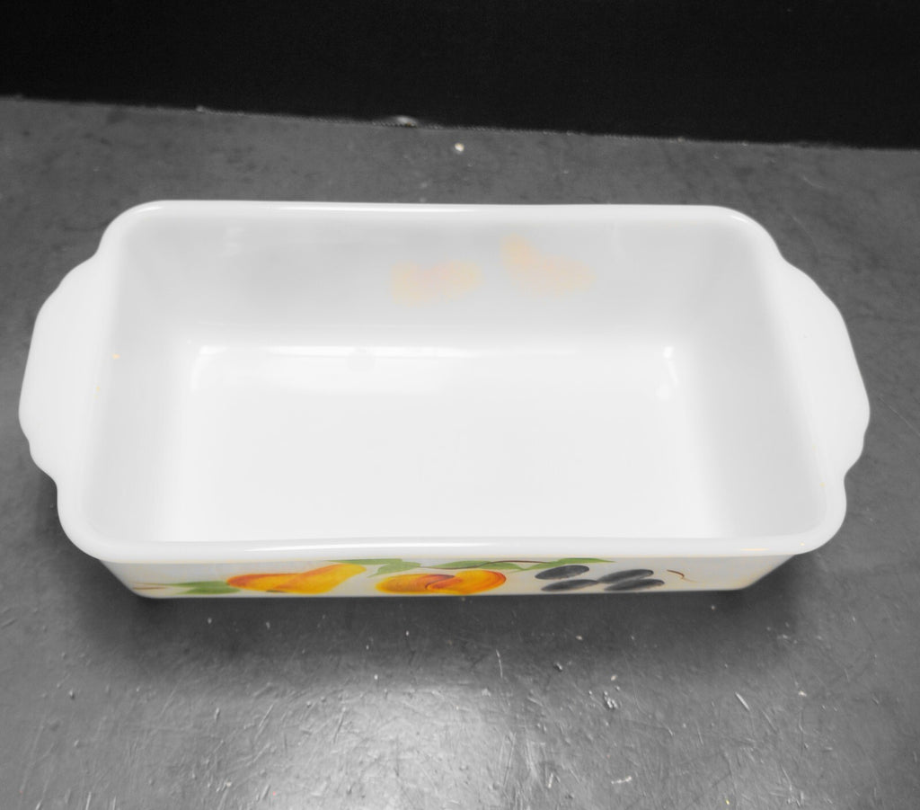 Gay Fad Fruits Fire King Milk Glass Loaf Pan Tab Handles