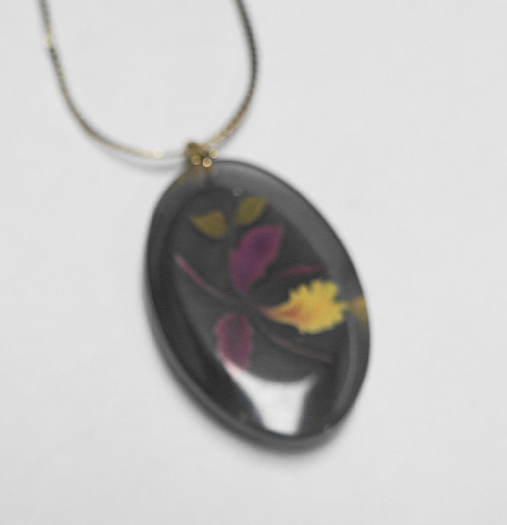 Reverse Carved Orchid Flower Lucite Oval Pendant Necklace