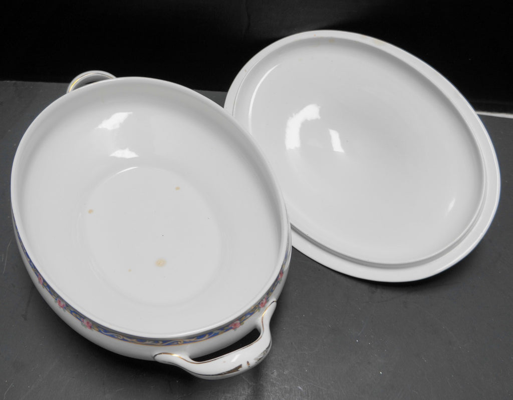 John Maddock & Sons Royal Vitreous Pink Roses Blue Band Oval Covered Vegetable