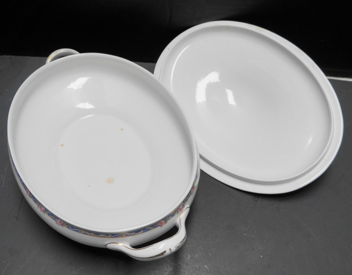 John Maddock & Sons Royal Vitreous Pink Roses Blue Band Oval Covered Vegetable