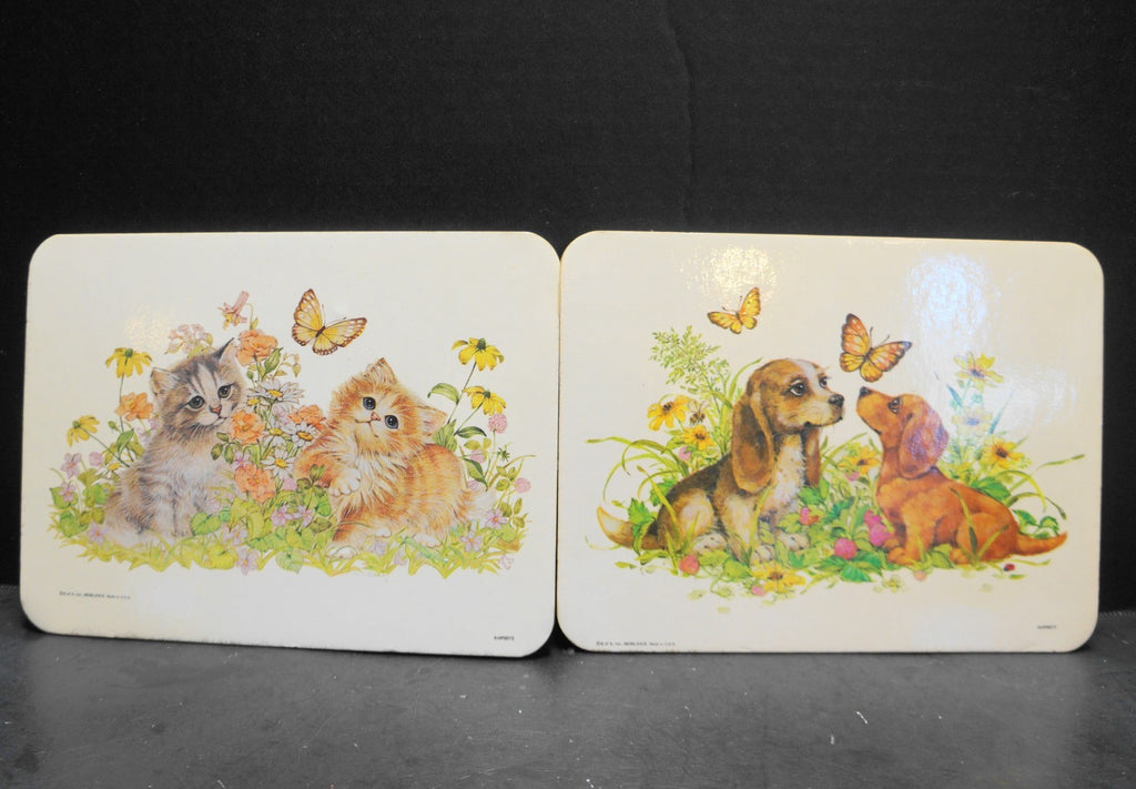 Bright Crest Hot Plaque Trivets Pair Puppies Kittens 1979