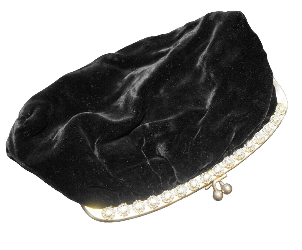 Black Velvet Clear Rhinestone Frame Clutch Purse