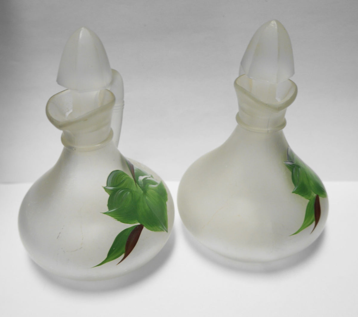 Gay Fad Ivy Satin Glass Hand Painted Cruets Pair Anchor Hocking