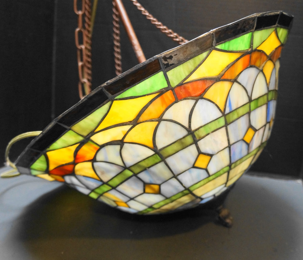 Stained Glass Hanging Swag Lamp Large Arches Diamonds Yellow Blue Green