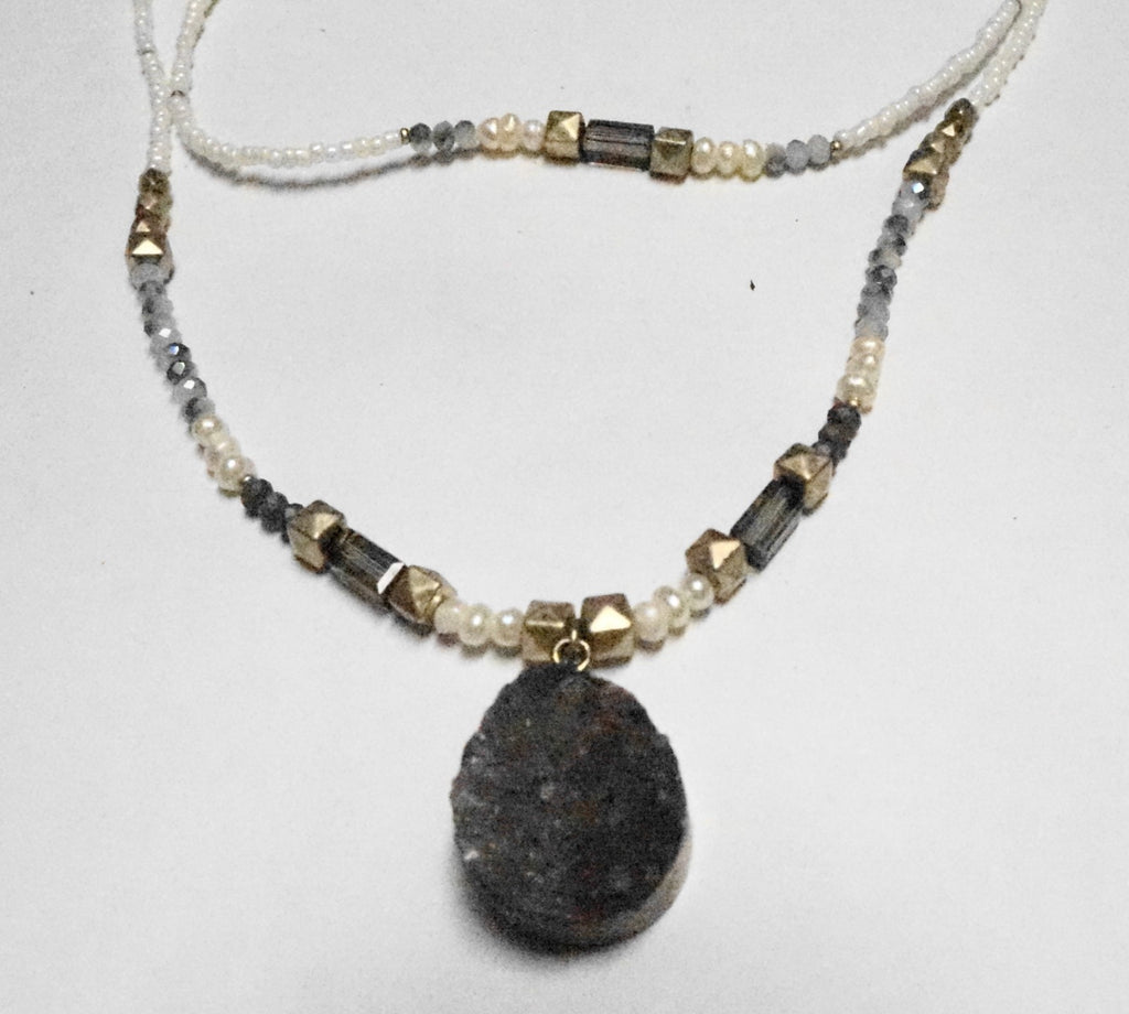Amethyst Druzy Pendant Freshwater Pearl Necklace
