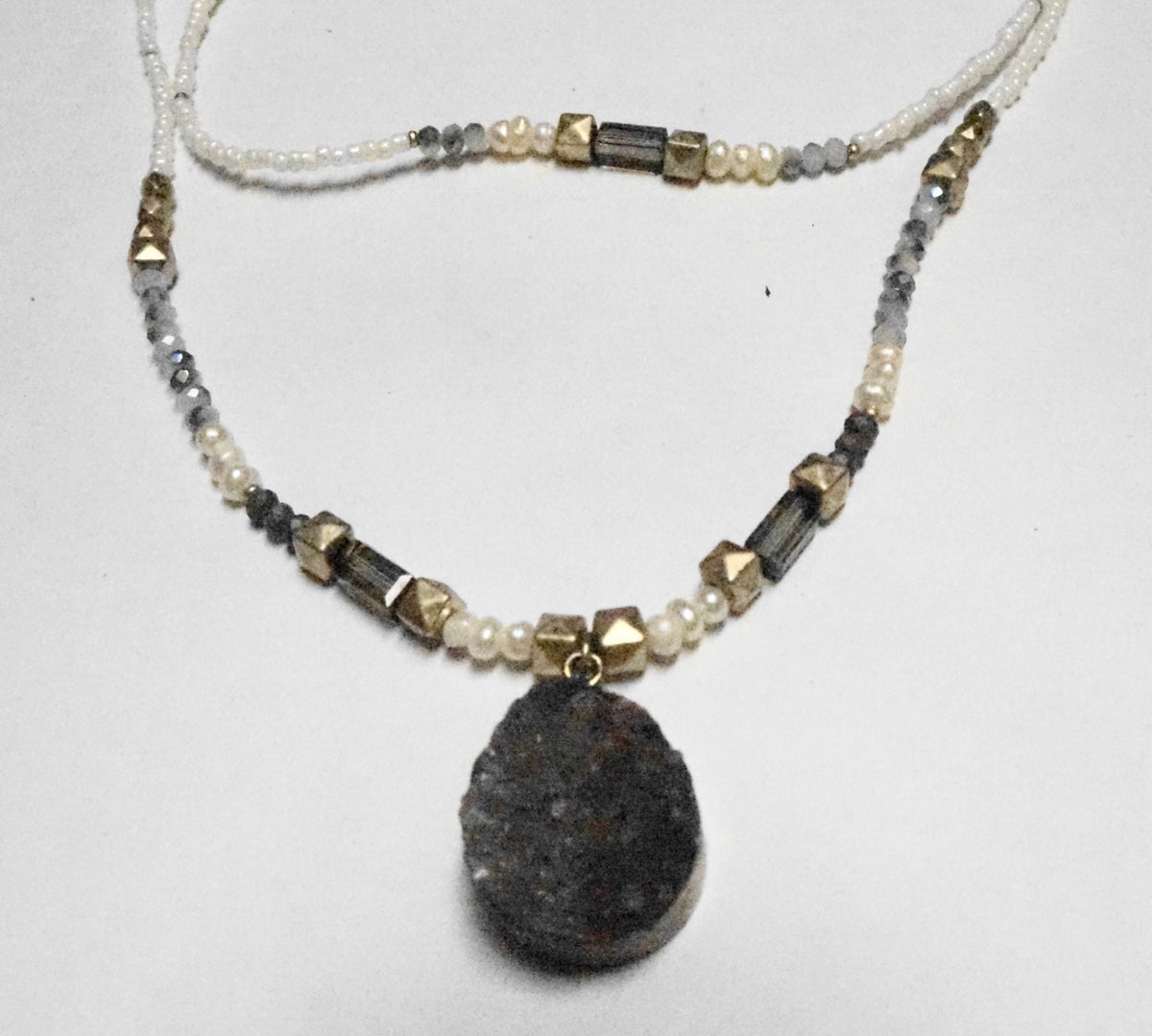 Amethyst Druzy Pendant Freshwater Pearl Necklace
