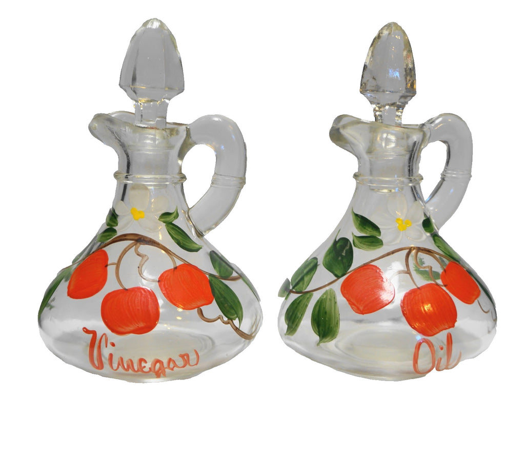 Cherry Cherries Oil Vinegar Cruets Pair Hand Painted Gay Fad Anchor Hocking