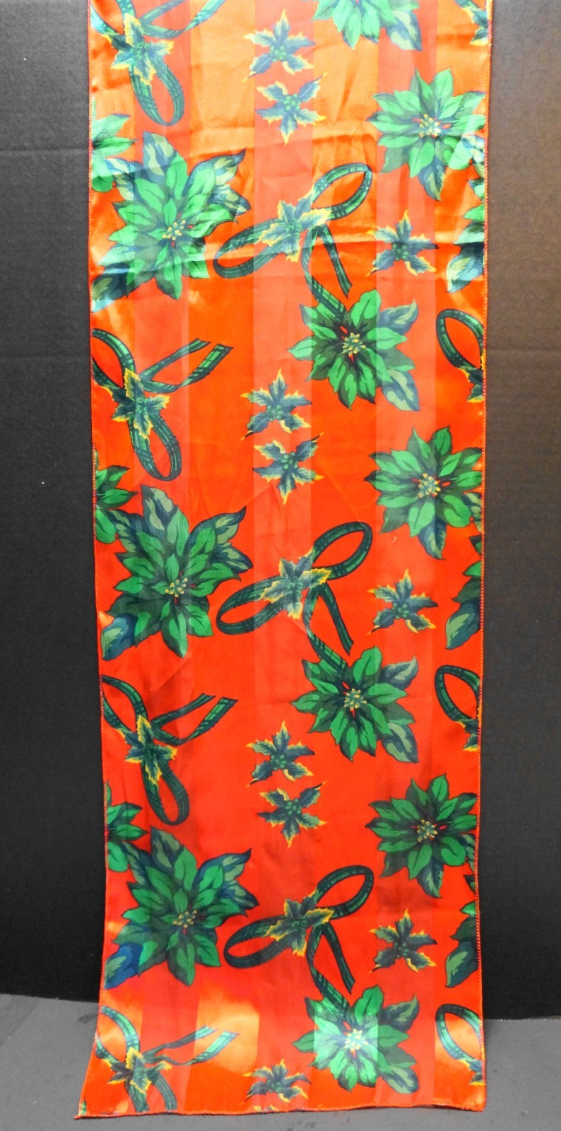 Red Green Poinsettia Print Christmas Scarf Satin Chiffon Stripe Oblong Polyester