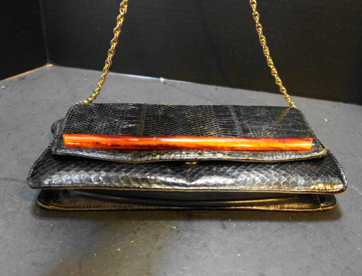 SOLD Palizzio Black Snakeskin Purse Lucite Bar Chain Strap Convertible Clutch Purse
