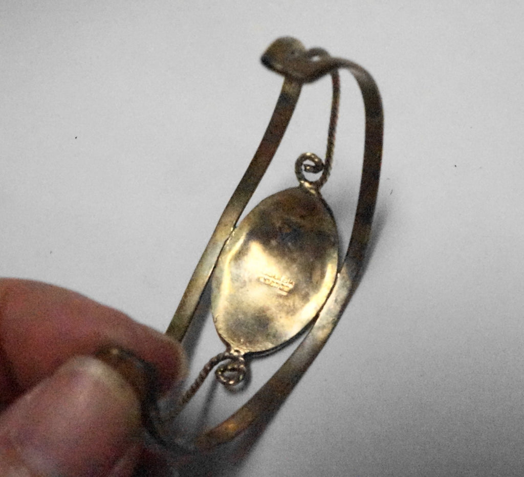 Mexican Silver Cuff Bracelet Green Crushed Stone Abalone Flower