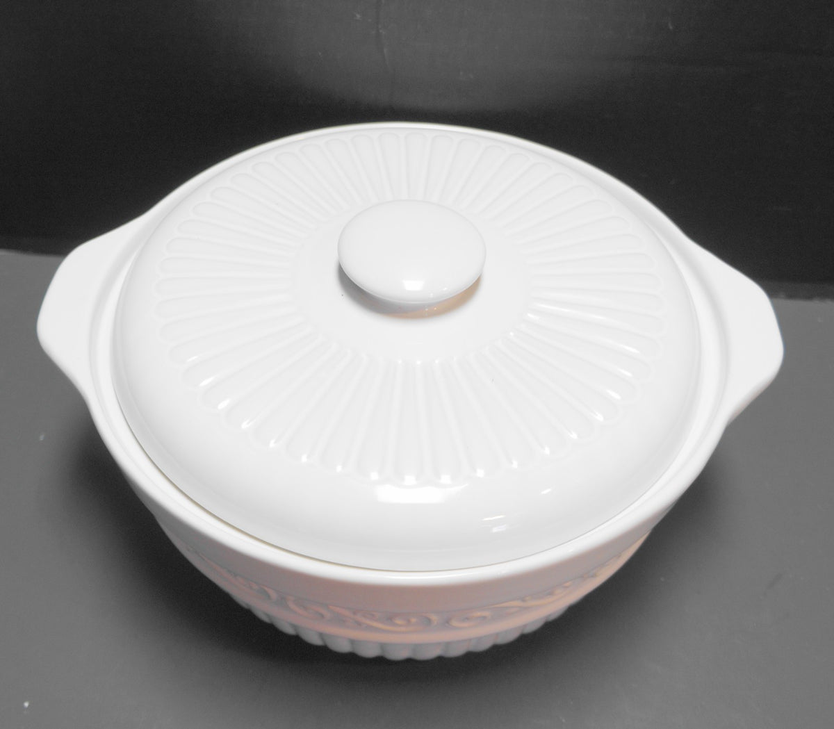Gibson Claremont White Scrolls Embossed Stoneware Covered Vegetable