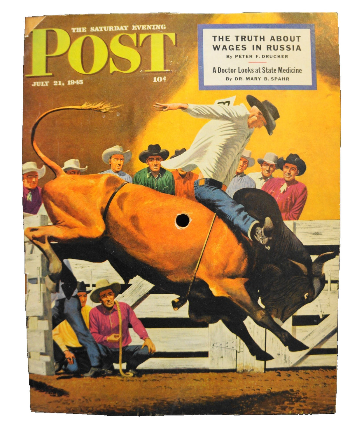 Fred Ludekens Bull Riding Saturday Evening Post Cover Mounted on Wood Board