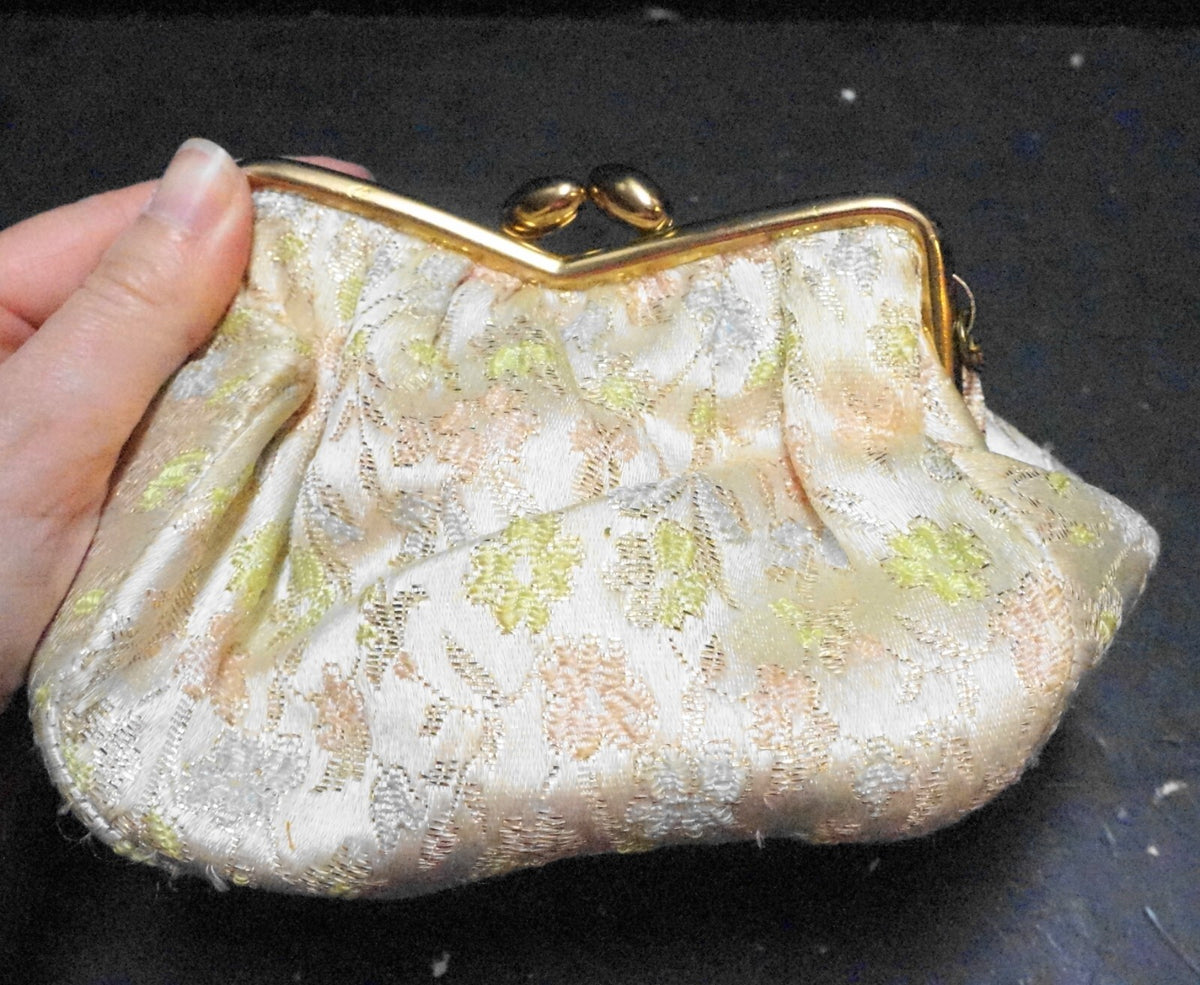 Pale Gold Brocade Evening Bag Pink Green Floral