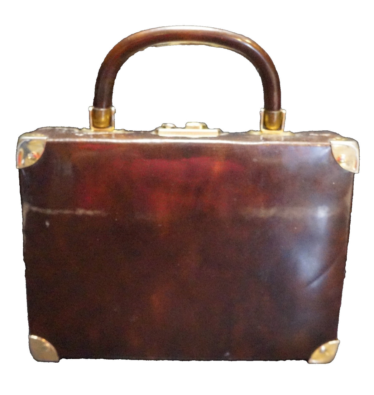 Delicato by Markay Brown Vinyl Patent Box Purse Gold Tone Hardware Attache Case