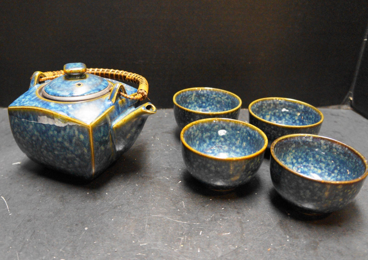 Dark Blue Mottled Glaze Teapot 4 Cups Set Made in Japan