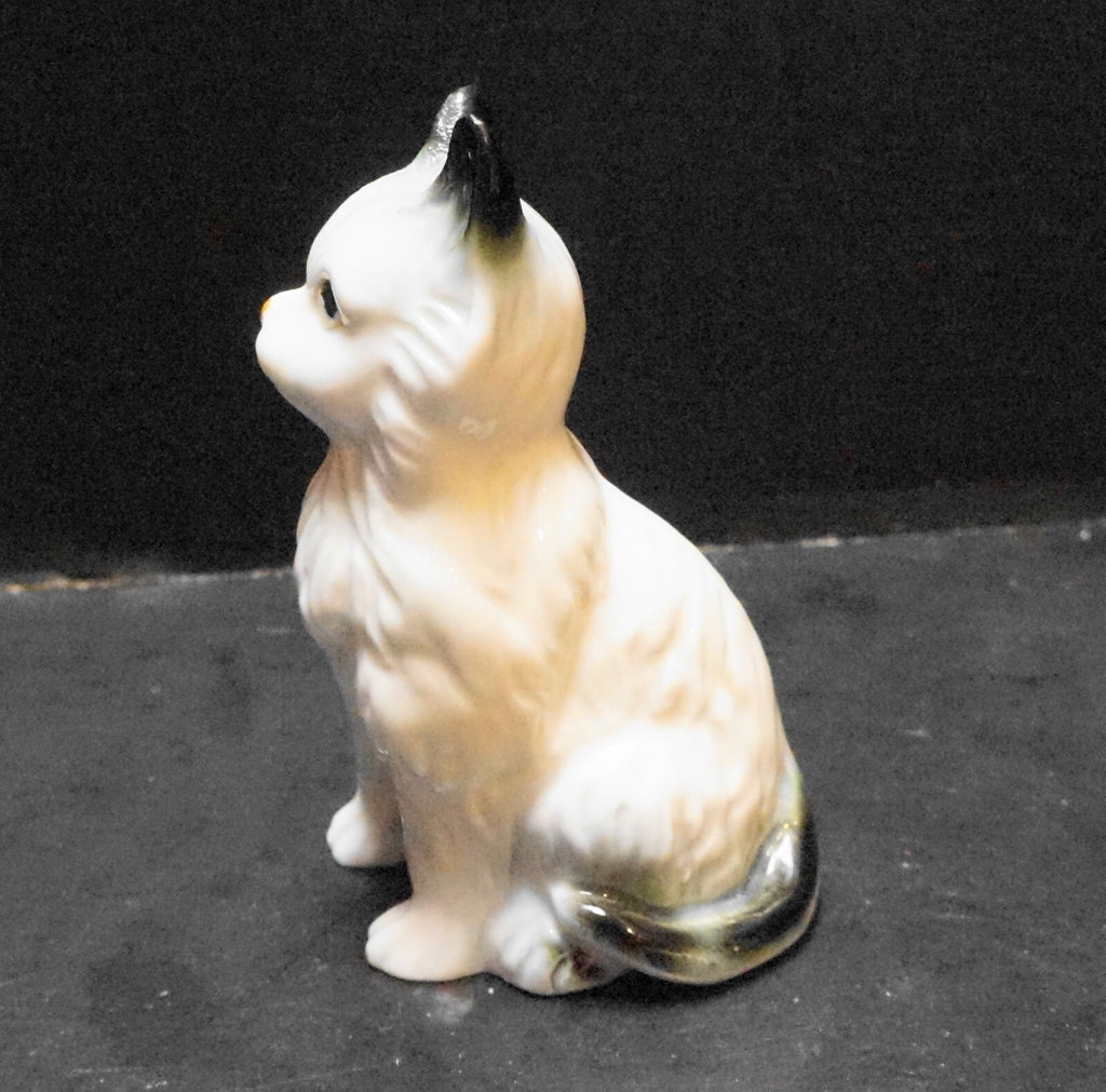Porcelain Cat Figurine White Black Ears and Tail
