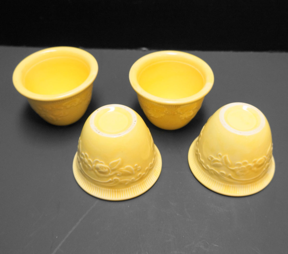 Homer Laughlin Oven Serve Yellow Glaze Floral Embossed Custard Cups Set of 4