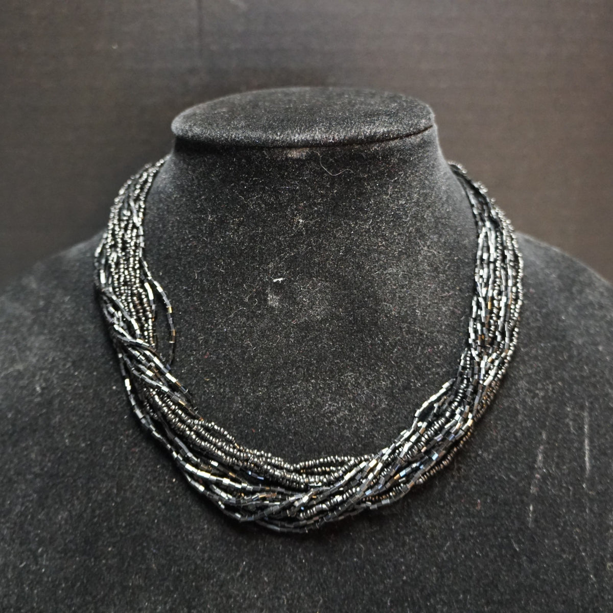 Black Czech Glass Seed Bead Torsade Multistrand Necklace