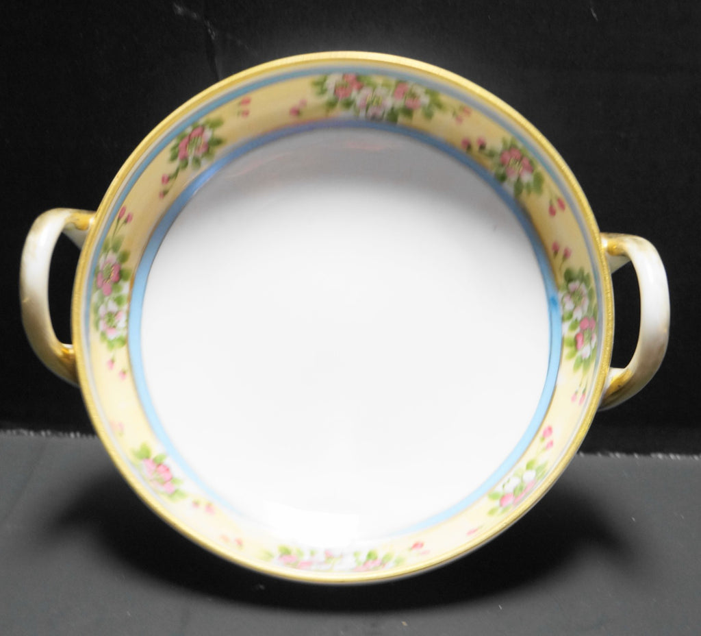Morimura Nippon Double Handle Bowl Hand Painted Pink Flowers Yellow Blue Bands