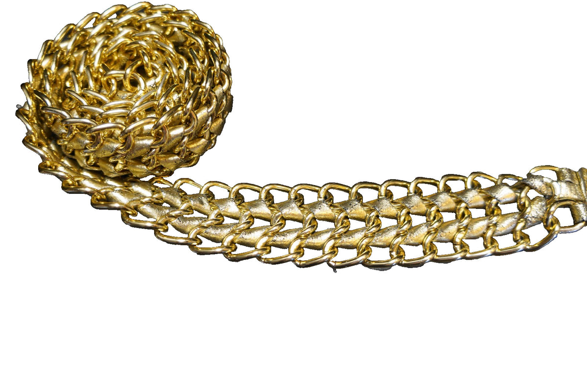 Gold Tone Metal Chain Woven Leather Women's Belt S/M