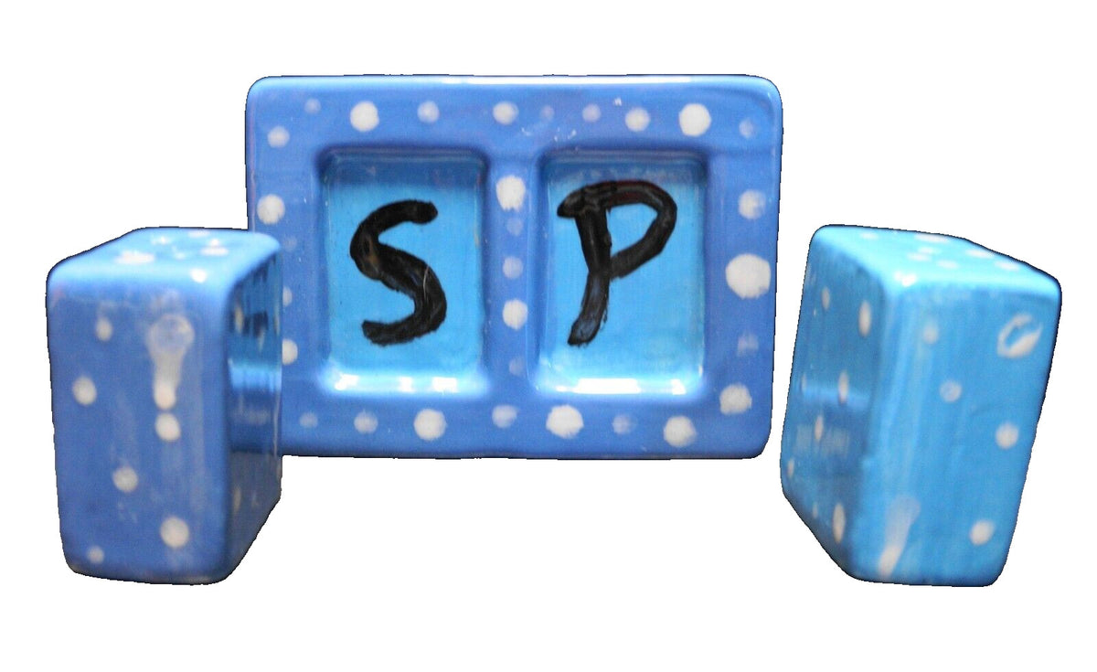 Hand Painted Blue White Dots Salt Pepper Shakers Tray Ceramic