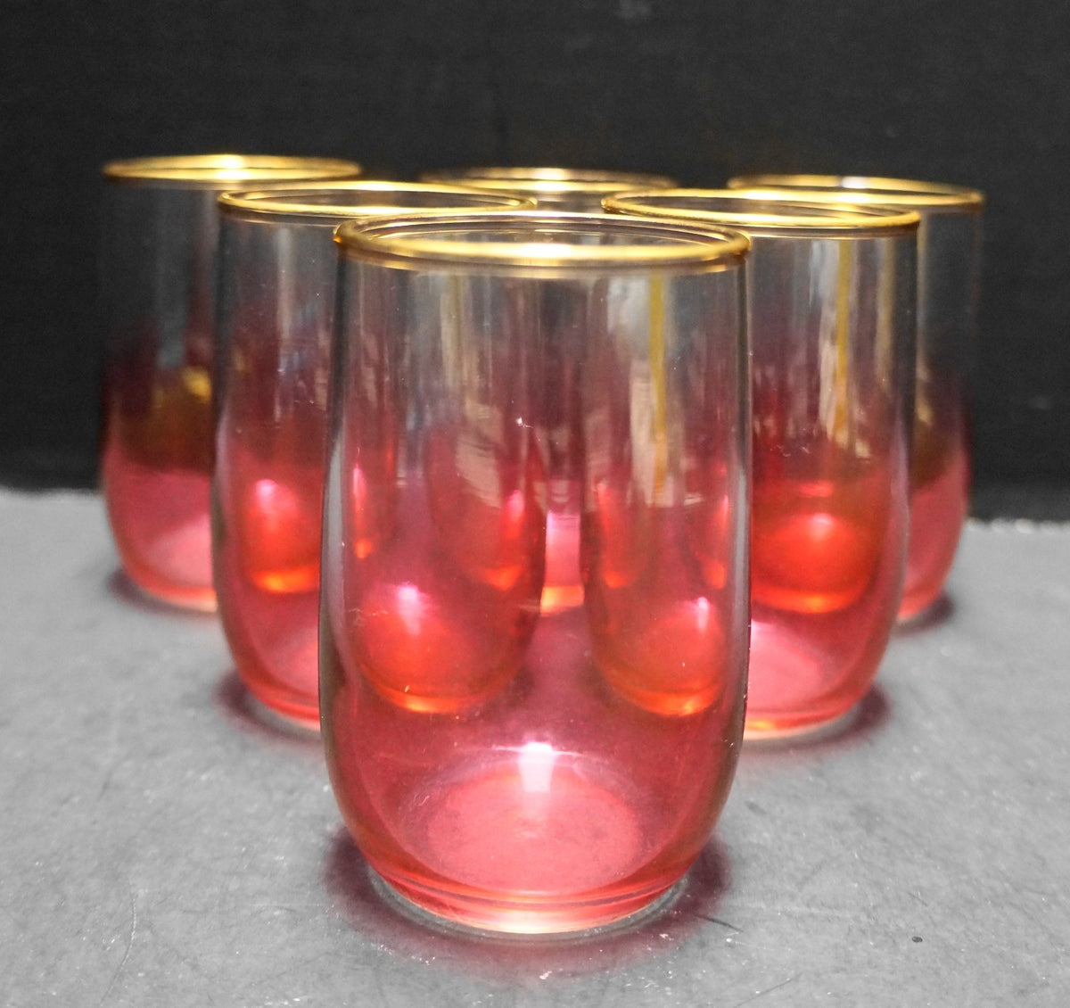 Blendo West Virginia Glass Ruby Red Ombre to Clear Gold Trim Juices Set of 6