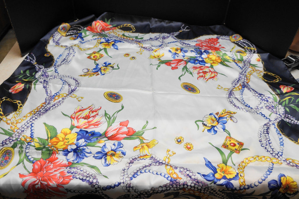 Tessago Italy Satin Polyester Scarf Floral Beads Jewels Print Blue White