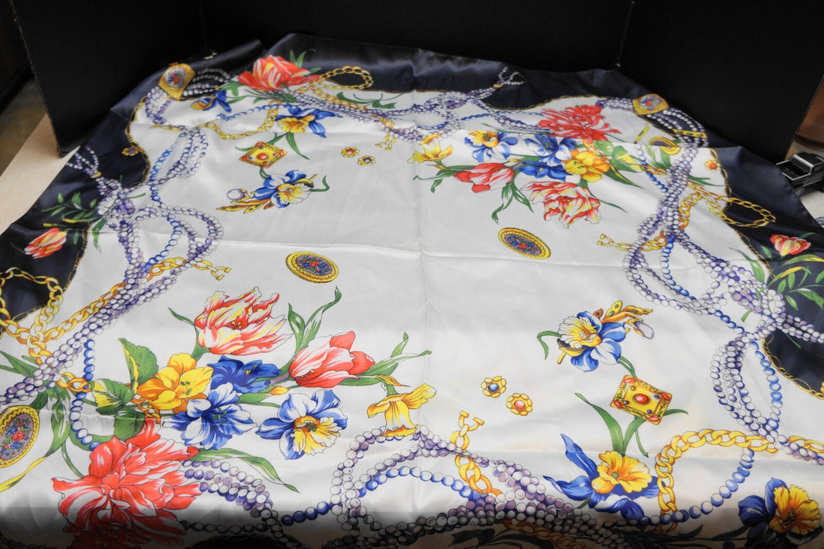 Tessago Italy Satin Polyester Scarf Floral Beads Jewels Print Blue White
